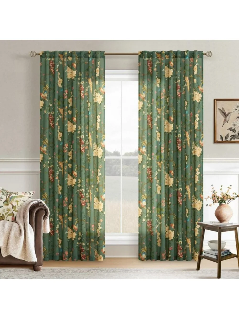 Dark Green Floral Linen Curtains 96